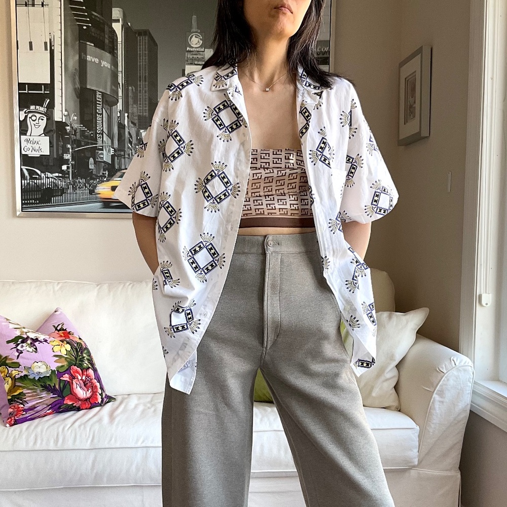 Vintage White short sleeve printed motif button down shirt